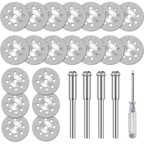 Lot de 20 roues de coupe diamant de 22 mm, avec 4 mandrins de 3 mm et 1 tournevis pour couper des matériaux durs (1/5)