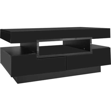 Table basse, surface brillante, avec bande lumineuse LED, quatre tiroirs à l’avant et à l’arrière, grand espace de rangement (1/5)