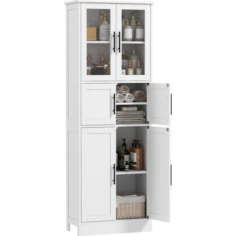 Meuble de salle de bain, meuble de rangement 6 niveaux, 6 portes dont 2 vitrées, étagères réglables, 60x30x170cm, blanc (1/5)