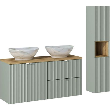 Ensemble meuble double vasque à poser 120 cm + colonne - Vert Roseau - Livraison gratuite