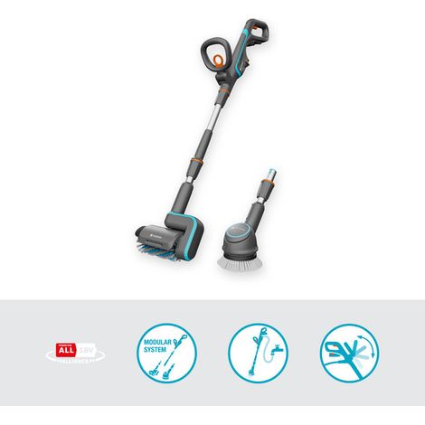 GARDENA Cepillo Multi limpiador AquaBrush de patio o terraza a batería 04/18V POWER FOR ALL, para todas las tareas de limpieza en el hogar y jardín, batería y cargador no incluidos (14842-55) (1/2)