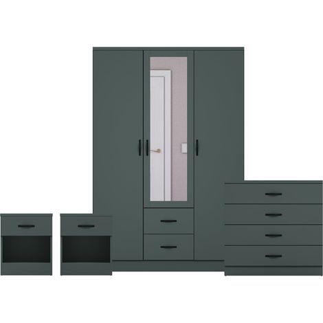 Riano 3 Piece Bedroom Set (1 Drw Bedside Chest, 4 Drw Chest, 3 Dr 2 Drw Mirrored Wardrobe), Green (1/3)