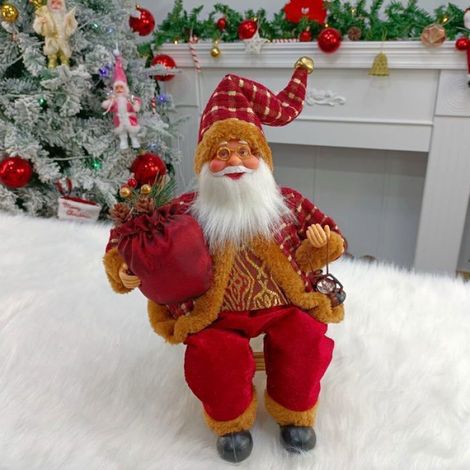 Figurine de Père Noël assis de 35 cm, décoration de Noël, poupée avec sac cadeau, figurine traditionnelle de Père Noël rouge (1/5)