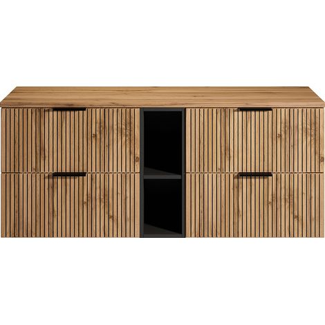 Meuble sous vasque suspendu strié avec niches - Naturel clair - L140 cm - MADELA (1/4)