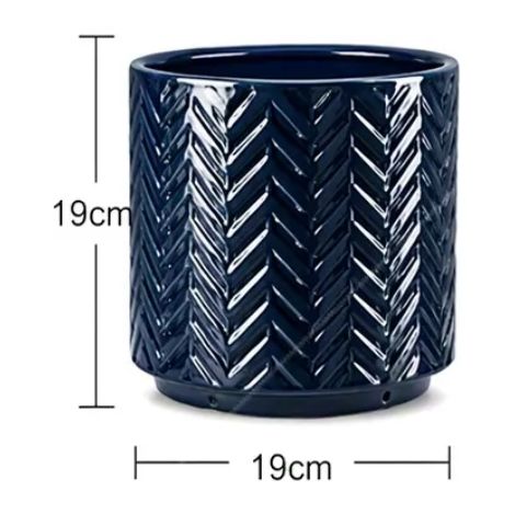 Pot de fleur céramique artisanal, bleu foncé brillant relief arête de poisson, respirant et résistant gel, diamètre 17,5 cm, intérieur balcon jardin (1/5)