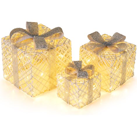 Ensemble de 3 Boîtes Cadeaux Illuminées de Noël, Boîtes de Présent Pré-éclairées avec 50 LED, Décorations de Noël Nœuds Détachables et Cristaux