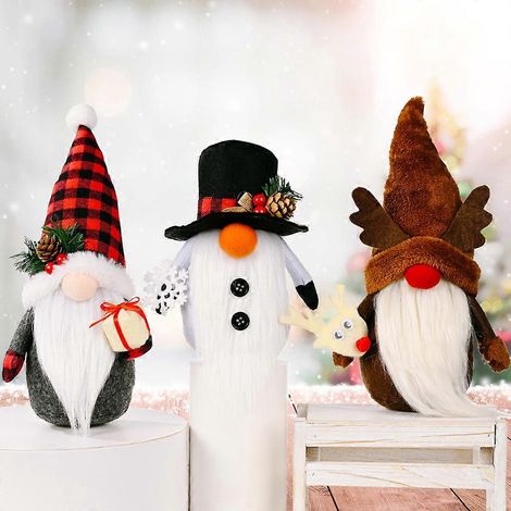Lot de 3 peluches de Noël : gnome, bonhomme de neige, renne, Père Noël, lutin suédois, décorations de Noël. (1/4)