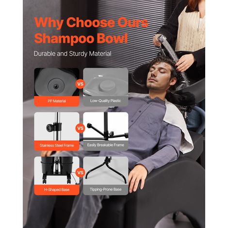Bac à Shampoing Portable, Lavabo Lave Cheveux Hauteur et Angle Réglables, avec Pompe, Tuyau de Vidange, 2 Seaux, 2 Pommes de Douche, Évier pour Laver Cheveux, Salon de Coiffure de Beauté, Noir (1/5)