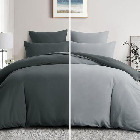 Housse de Couette 220x240 Réversible - Parure de Lit Bicolore Adulte 2 Personnes avec Fermeture éclair, Taie Oreiller 65x65, Anthracite et Gris Clair (1/3)