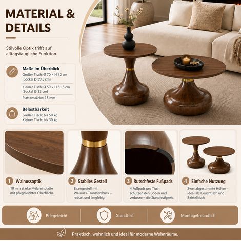 Lot de 2 tables basses rondes diamètre 70/50 cm en MDF noyer, gain de place pour salon FloraGrace (1/5)