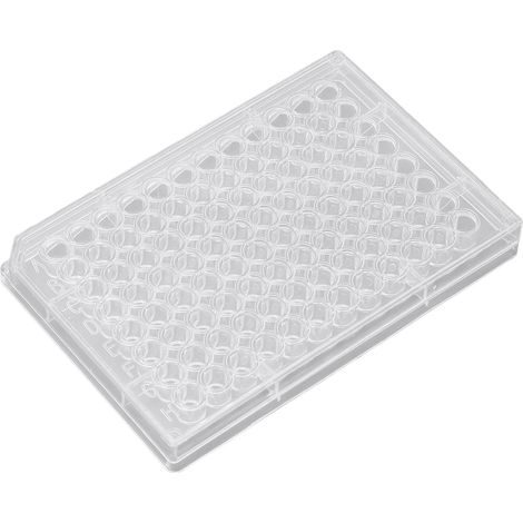 Lot de 10 plaques de culture cellulaire transparentes en polystyrène à 96 puits avec couvercle en plastique, fond en V, pour laboratoire et salle de biologie. (1/5)