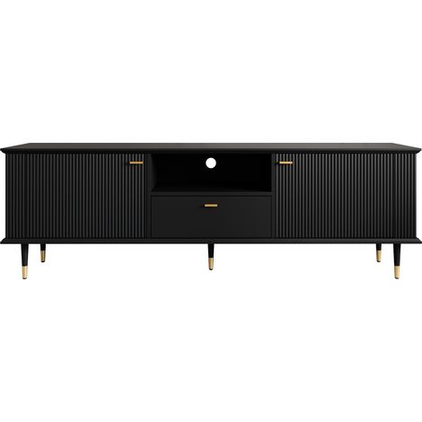 Mobile TV in MDF nero con ante, vano aperto e cassetto, finitura laccata, chiusura soft (1/5)