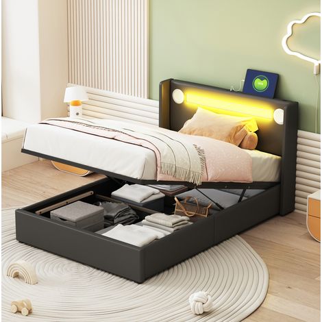 Cama con espacio de almacenamiento tapizada en piel sintética PU negra 90x200 cm con LED, Bluetooth, USB y somier (1/5)