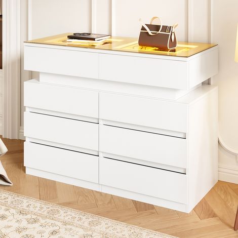 Buffet en verre avec éclairage LED, 8 tiroirs avec séparateurs pratiques – Utilisation polyvalente comme coiffeuse ou îlot de dressing, stable, blanc, 100 x 45 x 76 cm (1/5)