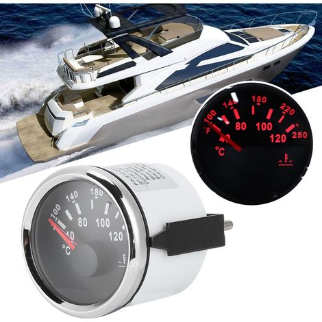 Manomètre de température d'eau pour moteur marin 52 mm/2 pouces, plage de mesure 40-120 °C, pour bateau et camping-car, cadran noir et couvercle argenté. (1/5)