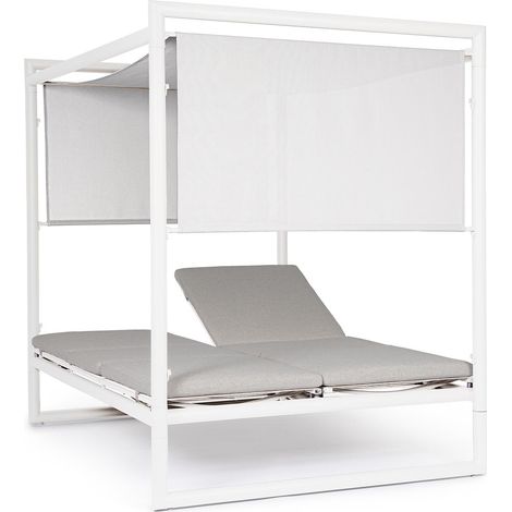 Lettino daybed "Konnor" baldacchino prendisole ad isola per giardino e piscina, reclinabile con tende -Bianco