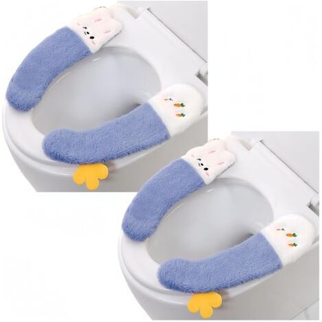 2 Pairs Toilet Seat Covers (36x10cm) Blue Thick Adhesive Toilet Seat Covers Soft Cute Plush Washable for Winter (1/4)