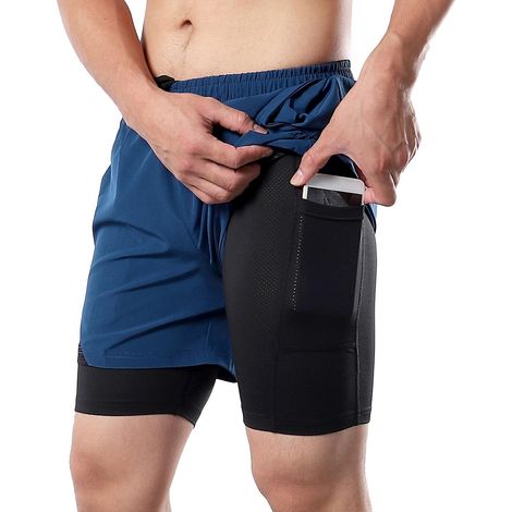 2-in-1-Laufshorts für Herren mit Handtuchtasche, schnelltrocknend, für Training und Fitnessstudio, Größe XXL, dunkelblau