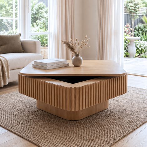 Mesa de centro cuadrada con almacenaje oculto, efecto madera natural, OKWISH (1/5)