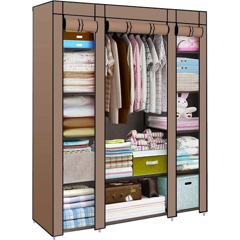 Trintion Fabric Canvas Wardrobe Cloth Wardrobes For Bedroom Clothes Storage Organiser with Hanging Rail Storage Cupboard Unit for Bedroom Living Room,Bedroom Storage, (Brown)