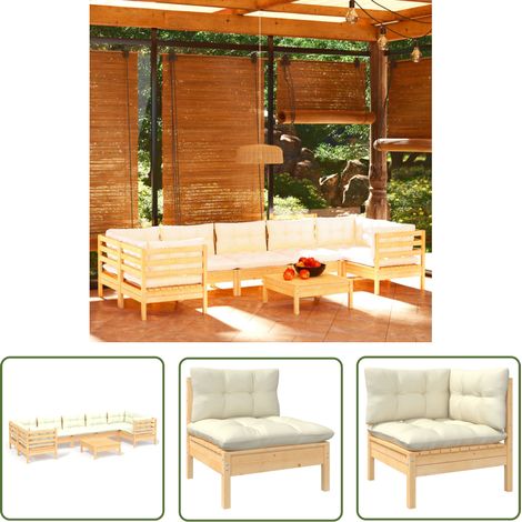 The Living Store 8-tlg. Garten-Lounge-Set mit Creme Kissen Kiefernholz - Gartensaison - Lounge Set - Gartenmöbel - Outdoor Möbel - Rattan Gartenmöbel (1/5)