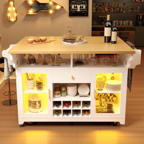 Carro de cocina blanco con LED RGB, alas abatibles, botellero y ruedas (1/5)