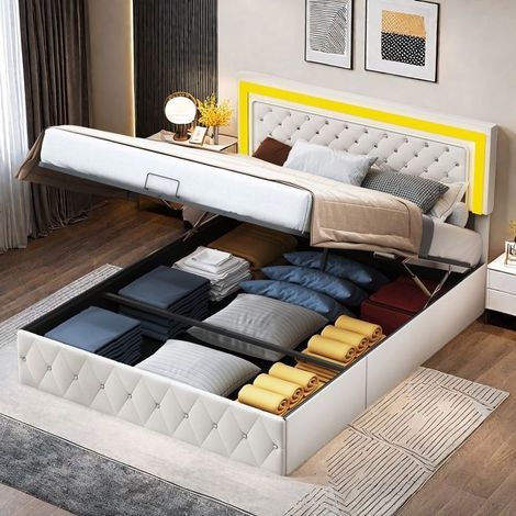 Bett mit Koffer - TANANT - 140x200 cm - Hydraulisch - Integrierte LED - Beige Samtstoff