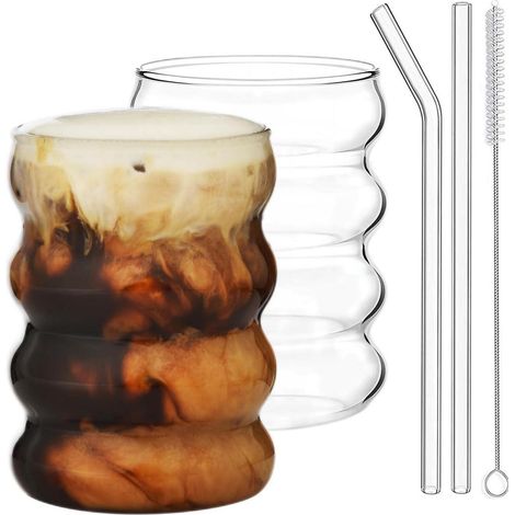 Gerippte Trinkgläser Set mit Glasstrohhalmen, 350ml, spülmaschinenfest (1/5)