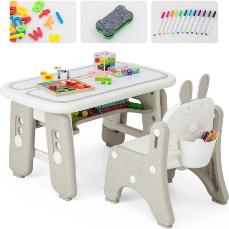 GOPLUS Table et Chaise Enfant 1-12 Ans 2 Plateaux Réversibles pour Lire/Dessiner-Table d'Activités avec Tableau Magnétique,Gris (1/5)
