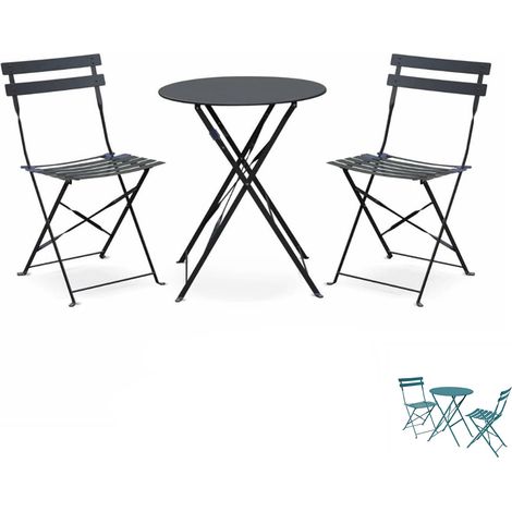 Set da Bistrot Tondo da Esterno in metallo con 2 Sedie e 1 Tavolino - Set da giardino Pieghevole con design retrò - Colore Grigio Antracite (1/5)