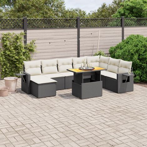 Ensemble jardin 9 places résine tressée noir avec table extensible et coussins déhoussables - Salon extérieur modulaire (1/3)