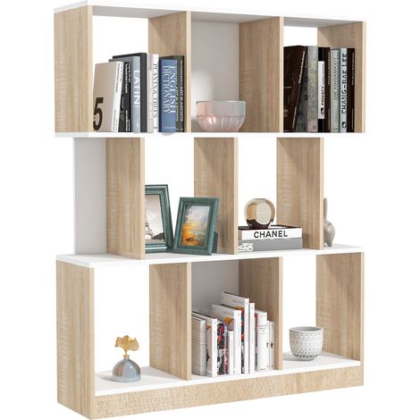 Bibliothèque moderne 8 étagères carton grisé salon chambre 100x27x124 cm blanc chêne