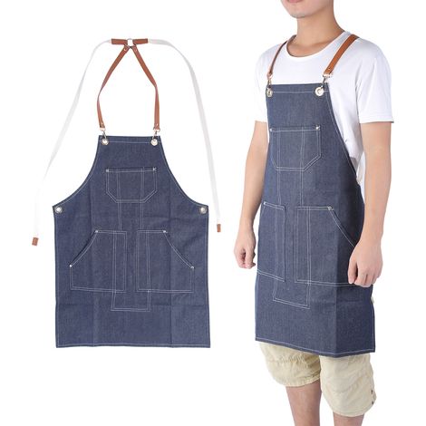 Tablier de travail en toile épaisse imperméable bleu denim poches multiples réglable pour cuisine restaurant jardinage adulte (1/5)