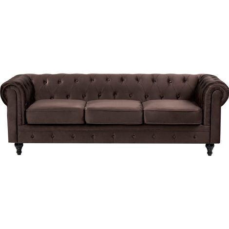Sofá Chesterfield clásico con capitoné 3 plazas de terciopelo marrón oscuro Chesterfield