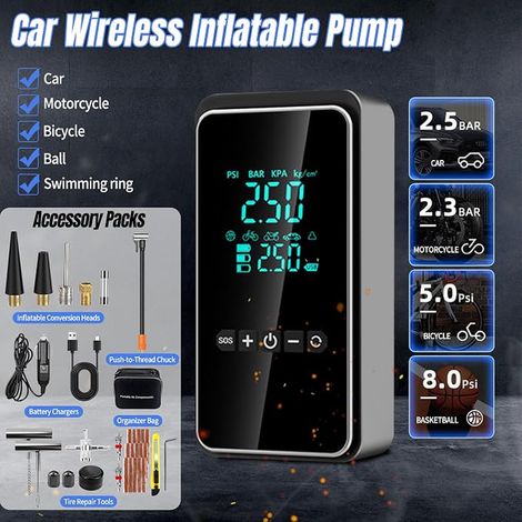 Compresseur à Air Portatif, Gonfleur Pneus Voiture avec Kit de Réparation de Pneus, Gonfleur Pneus Voiture sans Fil, Mini Pompe Electrique pour Voiture, Moto, Vélo, Balle (1/4)