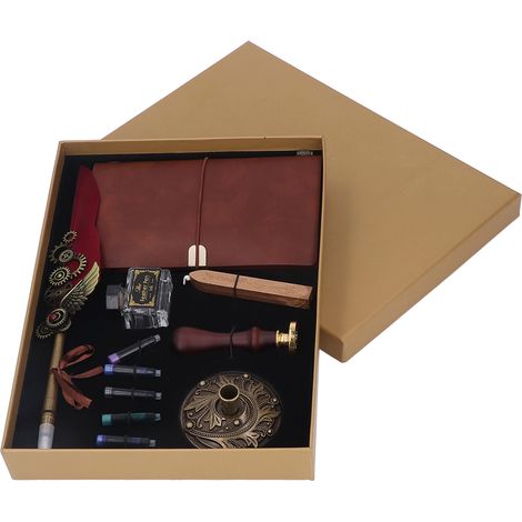 Quill Pen and Ink Set Vintage Style Smoothly Writing Durable Widely Used Feather Pen and Ink Set with Wax Stamp Notebook Wine Red (1/5)