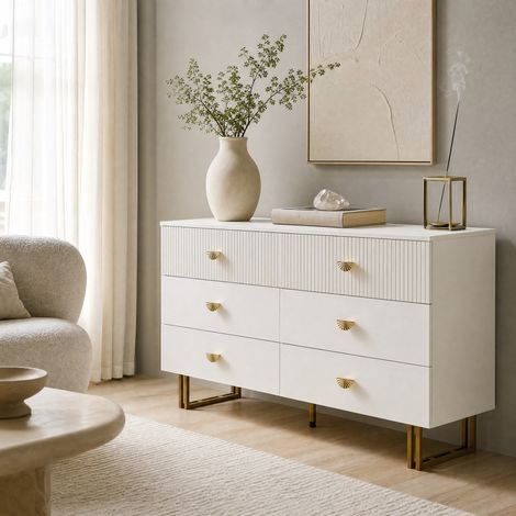 Aparador 120/40/75 cm en blanco con 6 cajones y espejo 80/80 cm, conjunto elegante con detalles dorados (1/5)