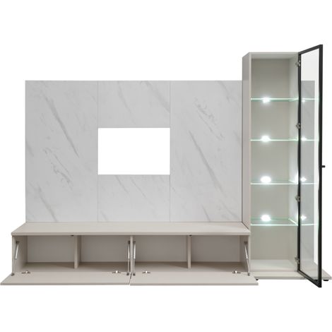 Ensemble meuble TV mural Glam I avec vitrine et éclairage LED - Bois MDF cachemire et effet marbre blanc - 240 x 175 x 45 cm - Livraison gratuite (1/5)