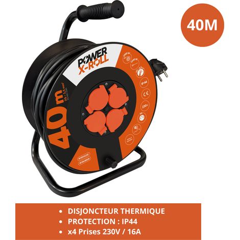 Enrouleur électrique 40m H07VV-F 3G1,5mm² - 4 prises 16A/230V - Disjoncteur intégré
