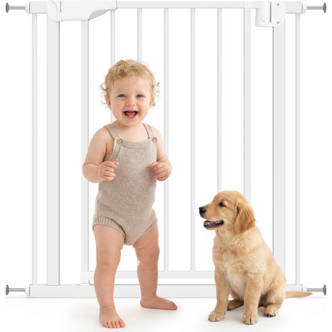 Portail pour chien, blanc, 76-82 x 76 cm, pour cuisine et couloir, Barrière de portail sans perçage avec fermeture automatique pour