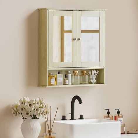 Armario de pared con espejo de 56x13x58 cm, madera natural, doble puerta, elegante y práctico para organizar el baño. (1/5)