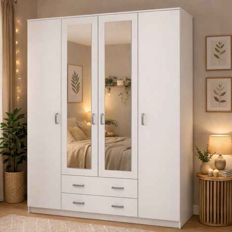 Armario Grande Miazzina: Dormitorio 9 Estantes, Ropa Colgante, Puertas Batientes y Correderas, 160x205h cm Blanco (1/5)