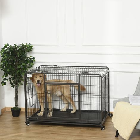 Caseta plegable para perros con doble puerta y cerradura, parque para perros con 4 ruedas con freno y base extraíble, 125x76x81cm, gris oscuro.