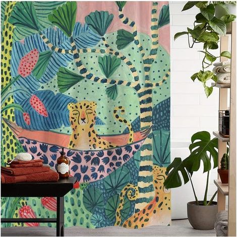 Duschvorhang mit Gepardenmuster, Leoparden-Blumenmuster, 150 x 180 cm, 12 Haken (1/5)