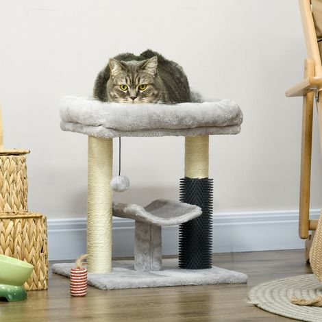 Árbol rascador para gatos PawHut pequeño, torre de juegos y escalada, altura 48 cm, poste de sisal gris con bola colgante.
