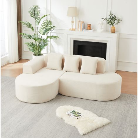 Sofá esquinero de pana, con chaise longue curvada, reposabrazos y respaldo curvos, beige (1/5)