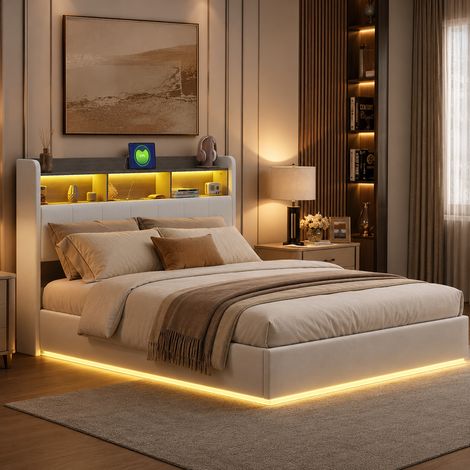Lit 140x200 avec sommier, éclairage led et port usb, lit double rembourré avec tete de lit rangement, 2 places pour adultes, beige velours (1/5)