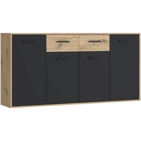 Buffet PILVI - Style contemporain - Particules mélaminé - Décor Chêne et noir - 4 portes + 2 tiroirs - L 162,3 x P 34,2 x H 81,7 cm (1/5)