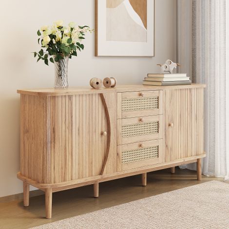 Buffet, commode en rotin, commode à portes coulissantes, étagères réglables et plateau arrondi