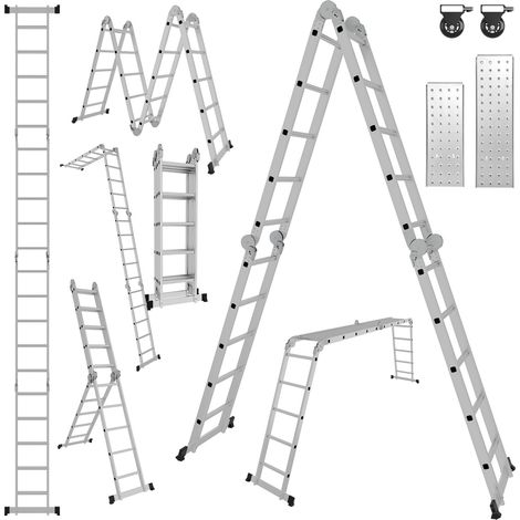 Jiubiaz Escalera multiposición 7 en 1 de aluminio, 4x5 peldaños, aprox. 582 cm / 5,8 m, plegable, 2 plataformas + 2 ruedas, carga máxima 150 kg (1/5)